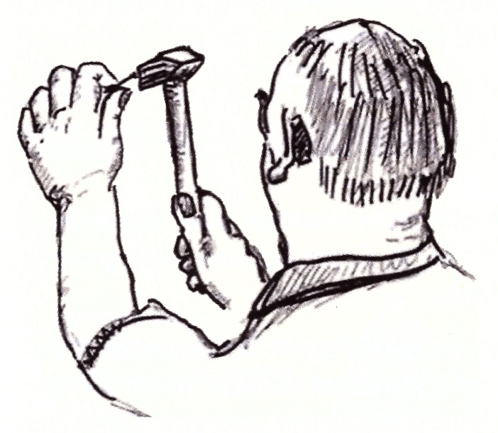 302 Rechtshaender nagelt Nagel in Wand mit rechten Auge hinter dem Hammerkopf